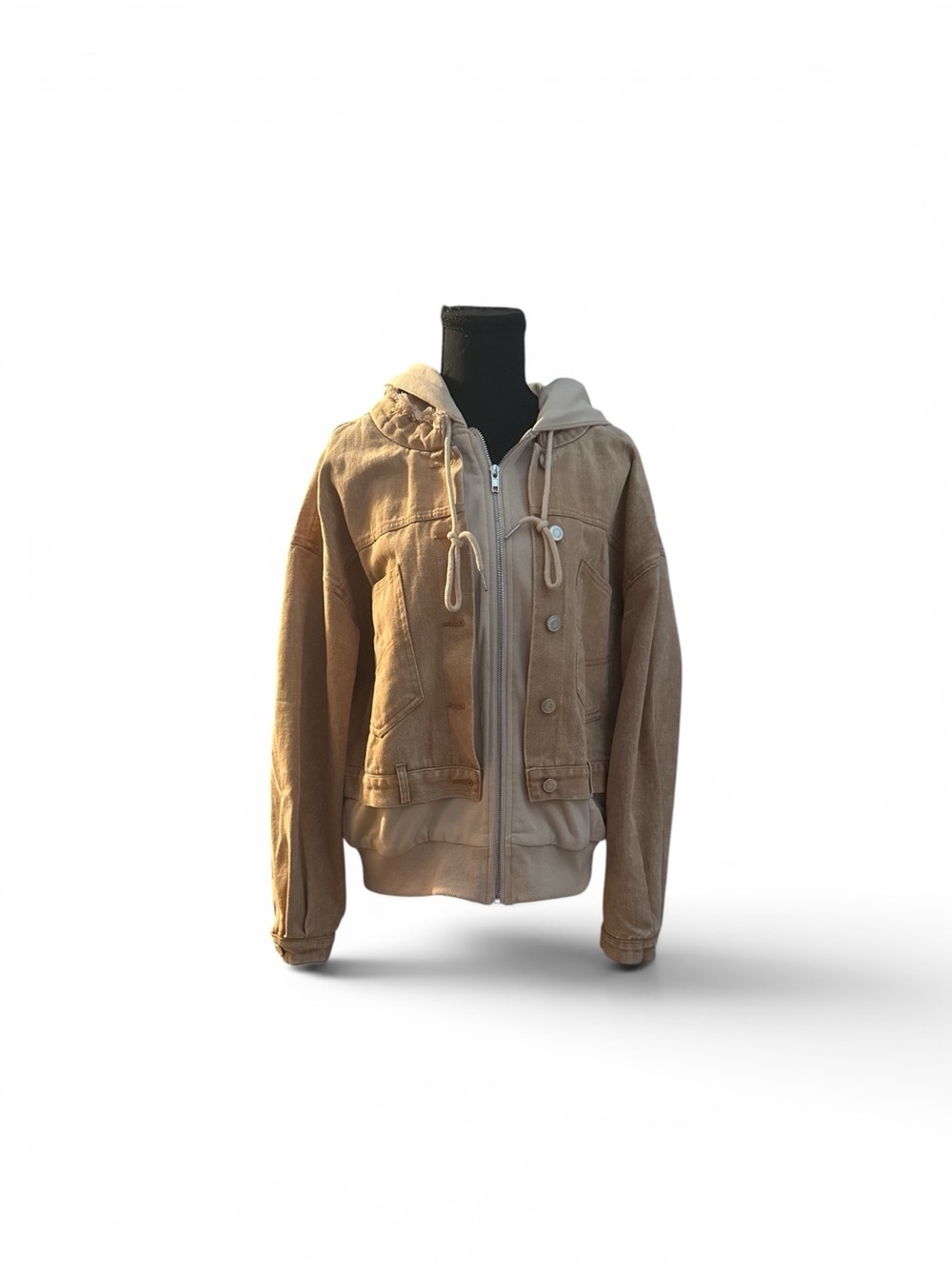Easel Layered Denim Hooded Jacket in Tan NWOT